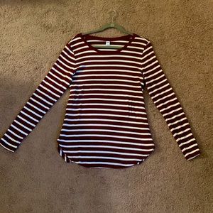 maroon and white striped long sleeved shirt